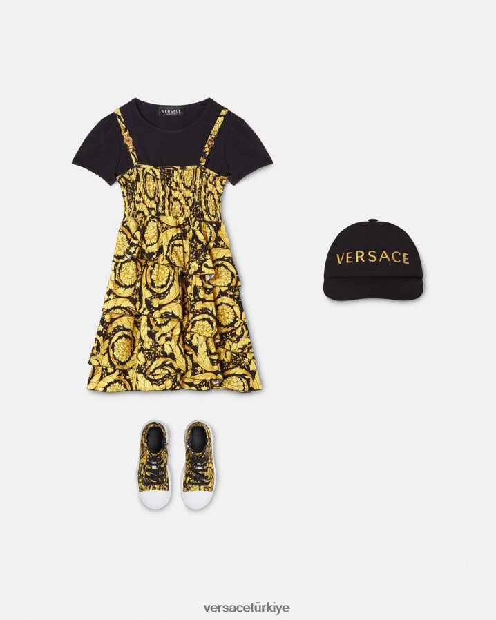 Versace barok tarzı fırfırlı elbise çocuklar siyah Giyim B0HHR81987