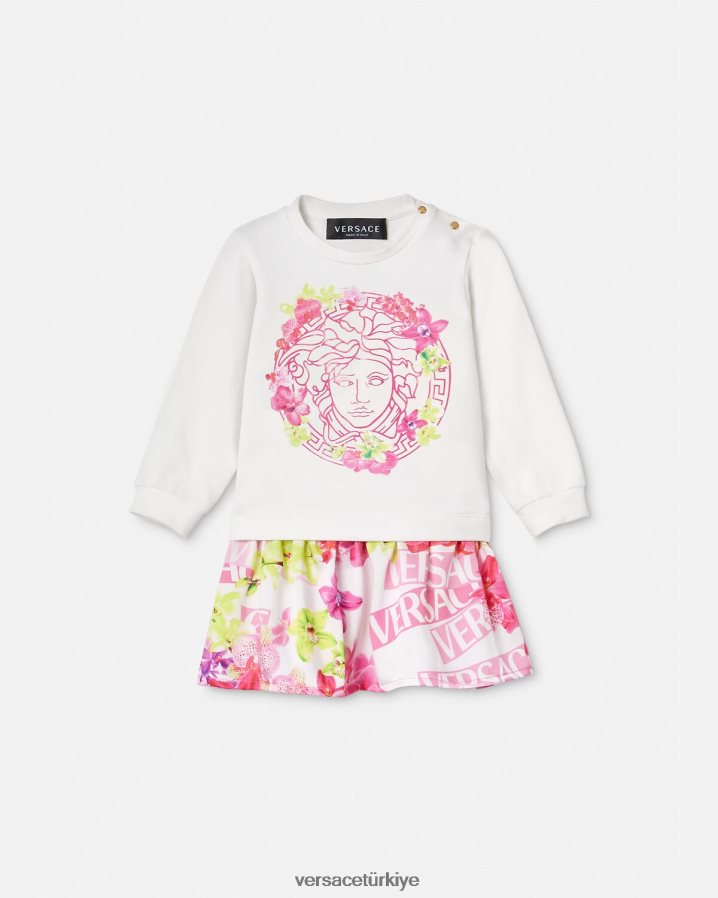 Versace logolu orkide bebek elbisesi çocuklar pembe ve baskı Giyim B0HHR81870