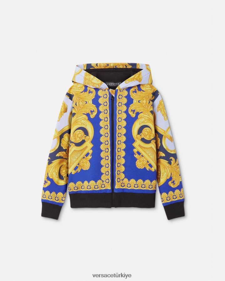 Versace barocco 660 fermuarlı kapüşonlu üst çocuklar mavi ve altın Giyim B0HHR82108