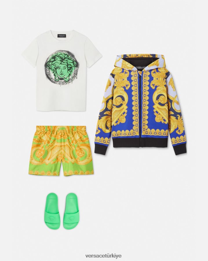 Versace barocco 660 fermuarlı kapüşonlu üst çocuklar mavi ve altın Giyim B0HHR82108
