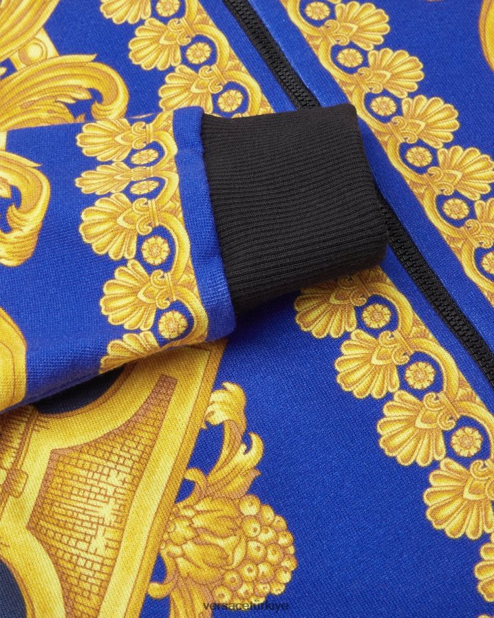 Versace barocco 660 fermuarlı kapüşonlu üst çocuklar mavi ve altın Giyim B0HHR82108