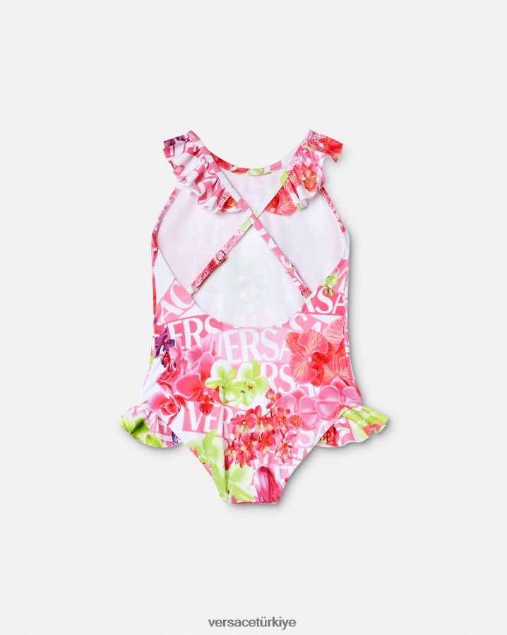 Versace logolu orkide bebek mayosu çocuklar beyaz ve baskı Giyim B0HHR81865