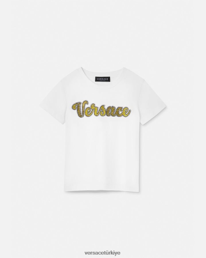 Versace kristal logolu tişört çocuklar beyaz Giyim B0HHR82020