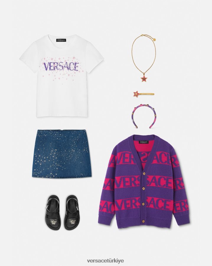 Versace logolu yıldızlı tişört çocuklar beyaz ve baskı Giyim B0HHR81951