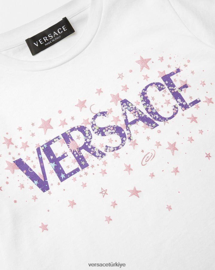 Versace logolu yıldızlı tişört çocuklar beyaz ve baskı Giyim B0HHR81951
