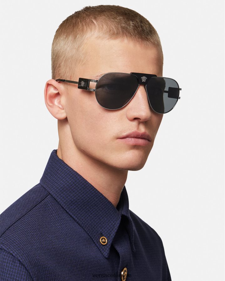 Versace özel proje havacı güneş gözlüğü erkekler siyah Aksesuarlar B0HHR81668