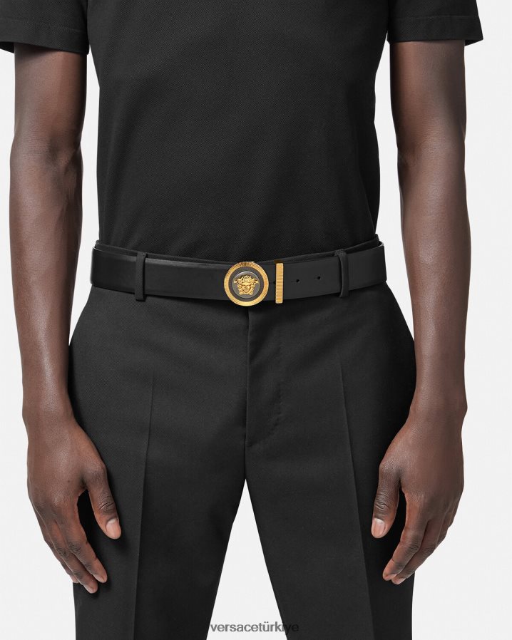 Versace emaye medusa biggie deri kemer erkekler siyah altın Aksesuarlar B0HHR81608