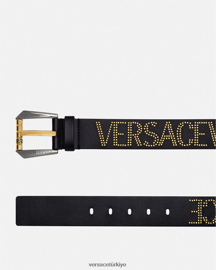 Versace çivili logolu deri kemer erkekler siyah altın Aksesuarlar B0HHR81627
