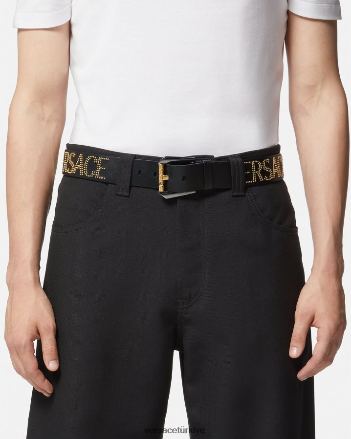 Versace çivili logolu deri kemer erkekler siyah altın Aksesuarlar B0HHR81627