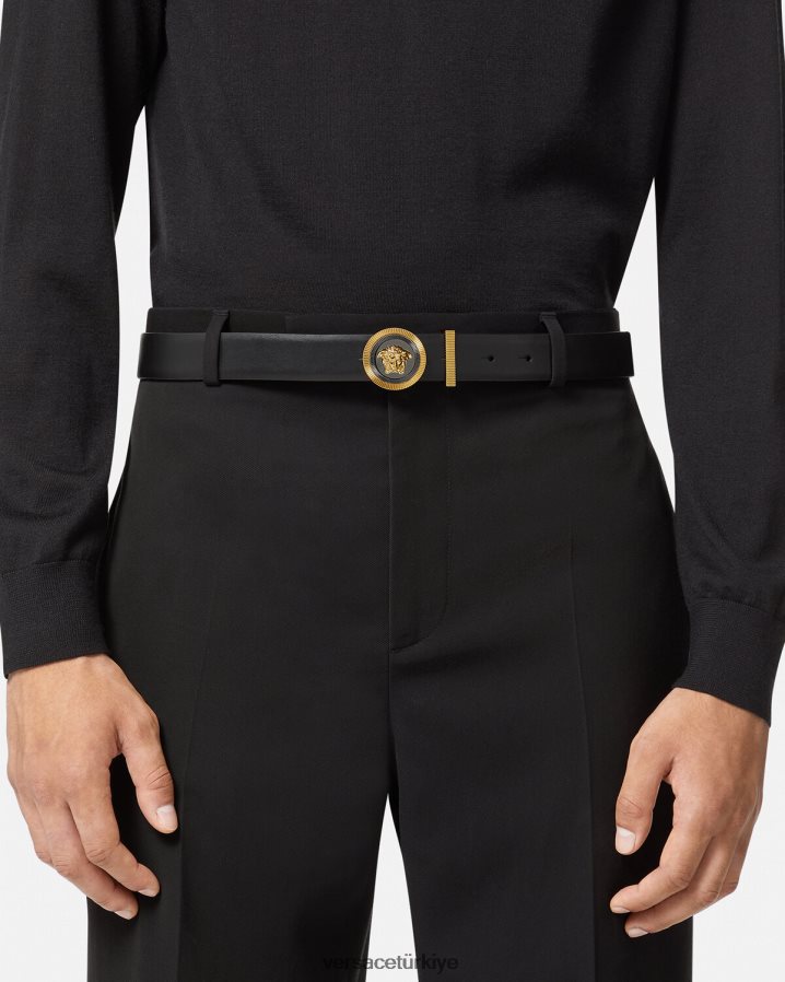 Versace medusa biggie deri kemer erkekler siyah altın Aksesuarlar B0HHR81610