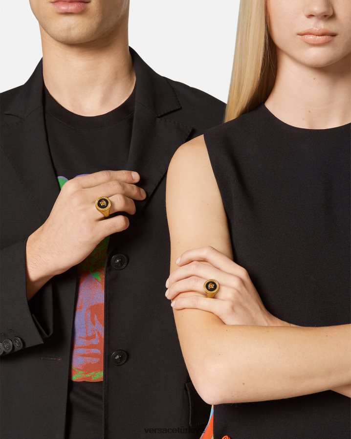 Versace emaye medusa yüzüğü erkekler siyah altın Aksesuarlar B0HHR81692