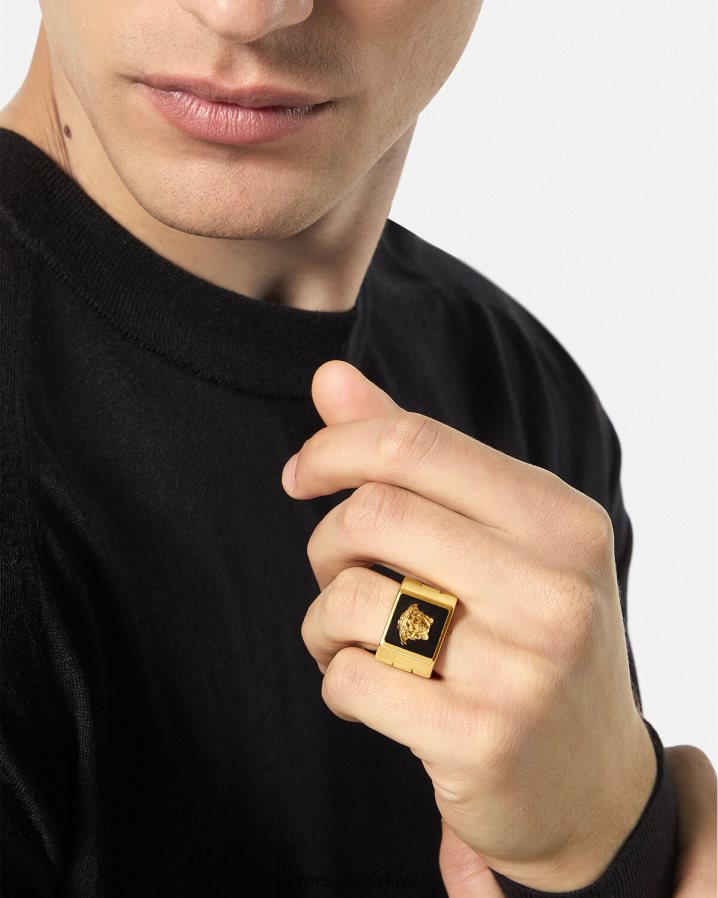 Versace medusa emaye yüzük erkekler siyah altın Aksesuarlar B0HHR81697