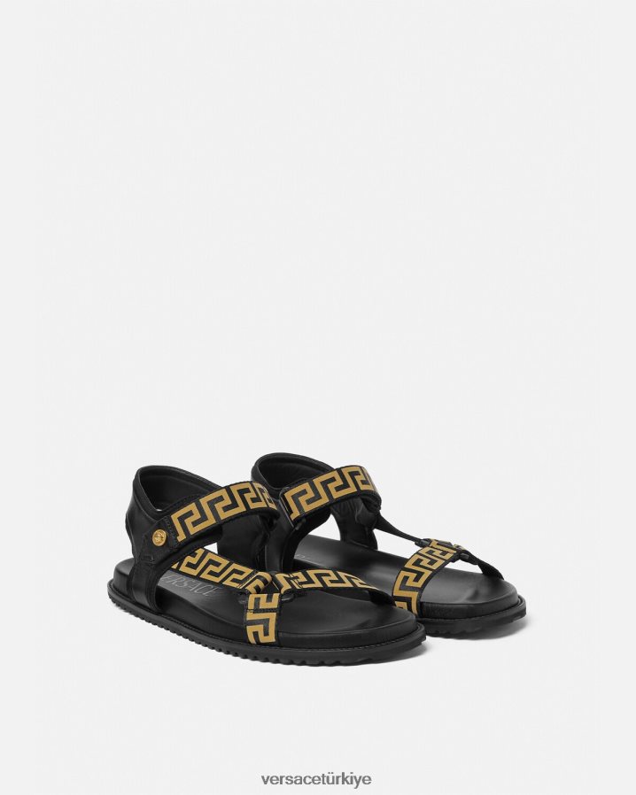 Versace greca sandalet erkekler siyah altın ayakkabı B0HHR81590