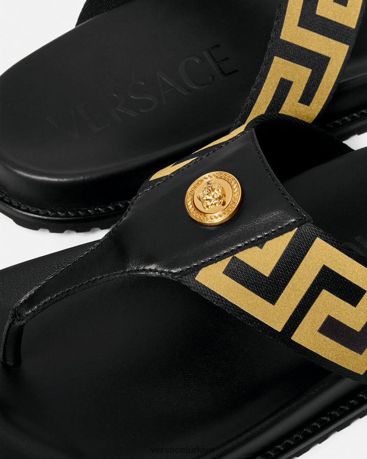 Versace medusa greca sandalet erkekler siyah altın ayakkabı B0HHR81591