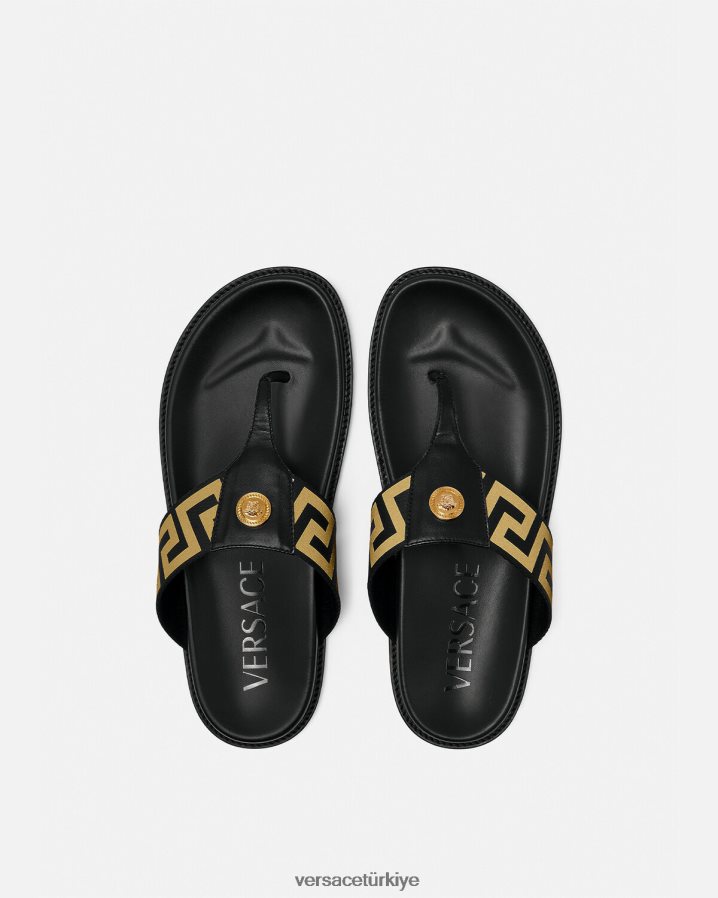 Versace medusa greca sandalet erkekler siyah altın ayakkabı B0HHR81591