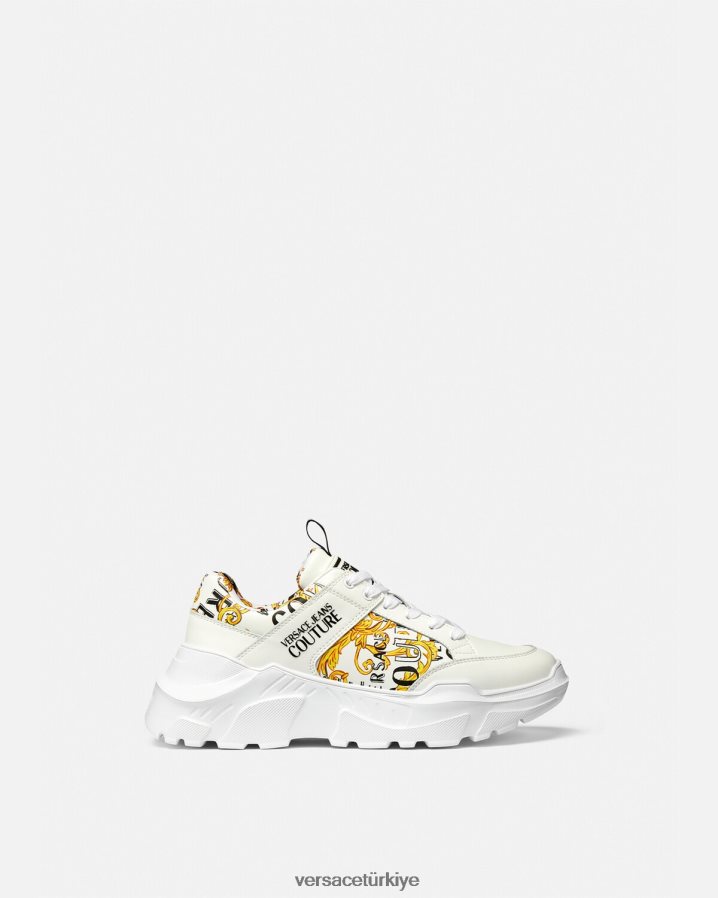 Versace logo couture speedtrack spor ayakkabıları erkekler altın ve beyaz ayakkabı B0HHR82459