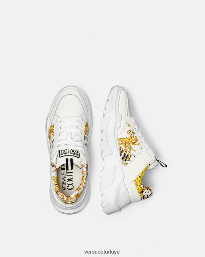 Versace logo couture speedtrack spor ayakkabıları erkekler altın ve beyaz ayakkabı B0HHR82459
