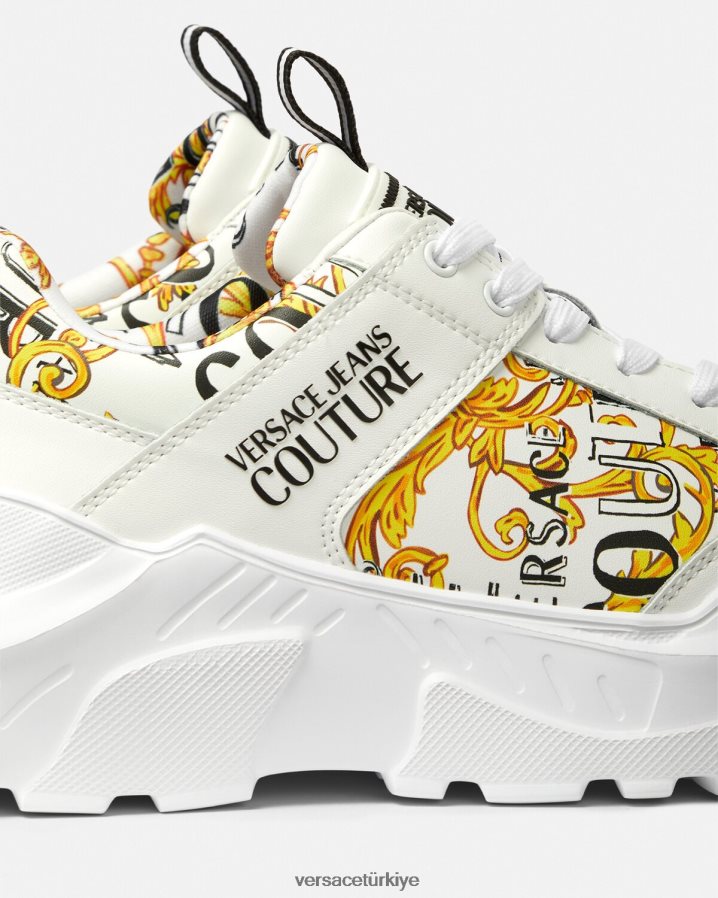 Versace logo couture speedtrack spor ayakkabıları erkekler altın ve beyaz ayakkabı B0HHR82459