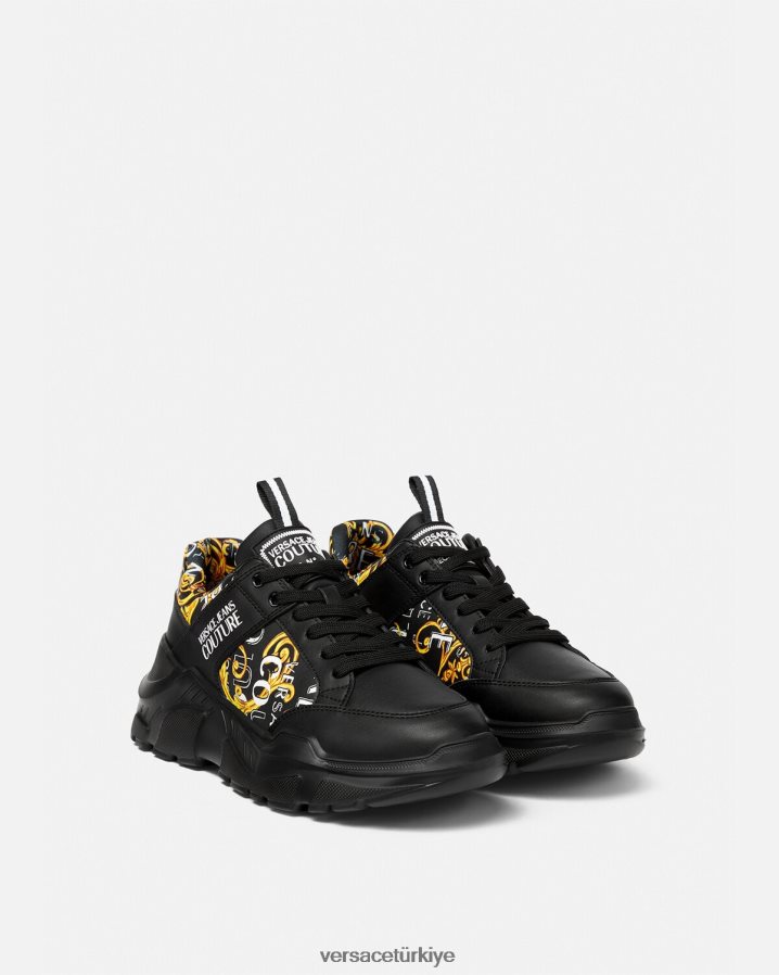 Versace logo couture speedtrack spor ayakkabıları erkekler siyah altın ayakkabı B0HHR82460