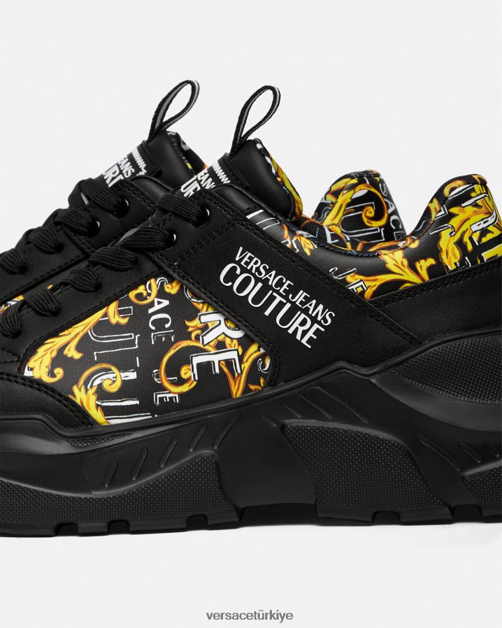 Versace logo couture speedtrack spor ayakkabıları erkekler siyah altın ayakkabı B0HHR82460