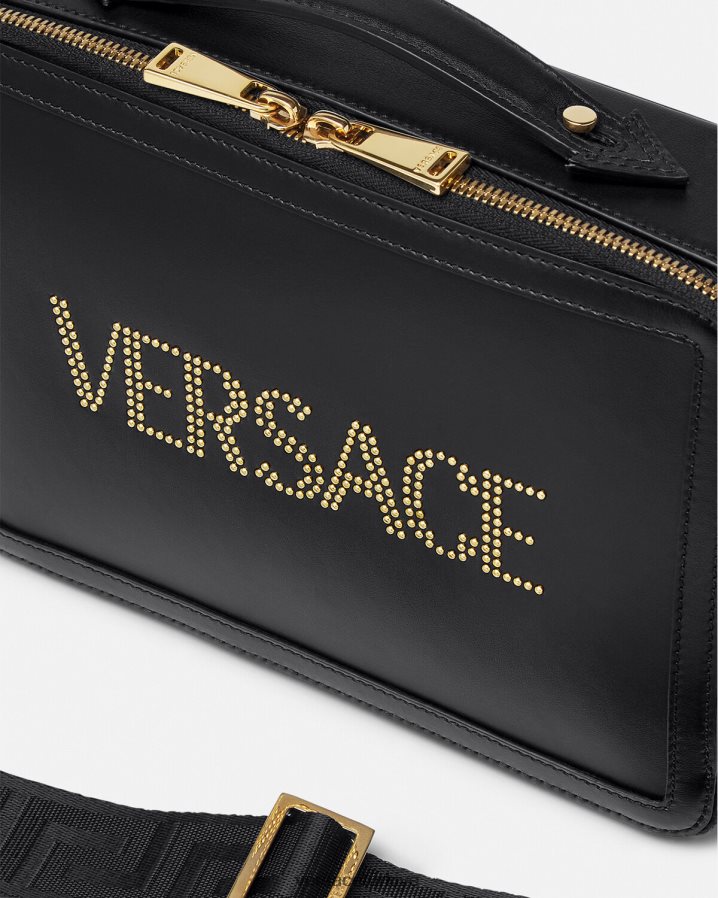 Versace çivili logolu askılı çanta erkekler siyah çanta B0HHR81502