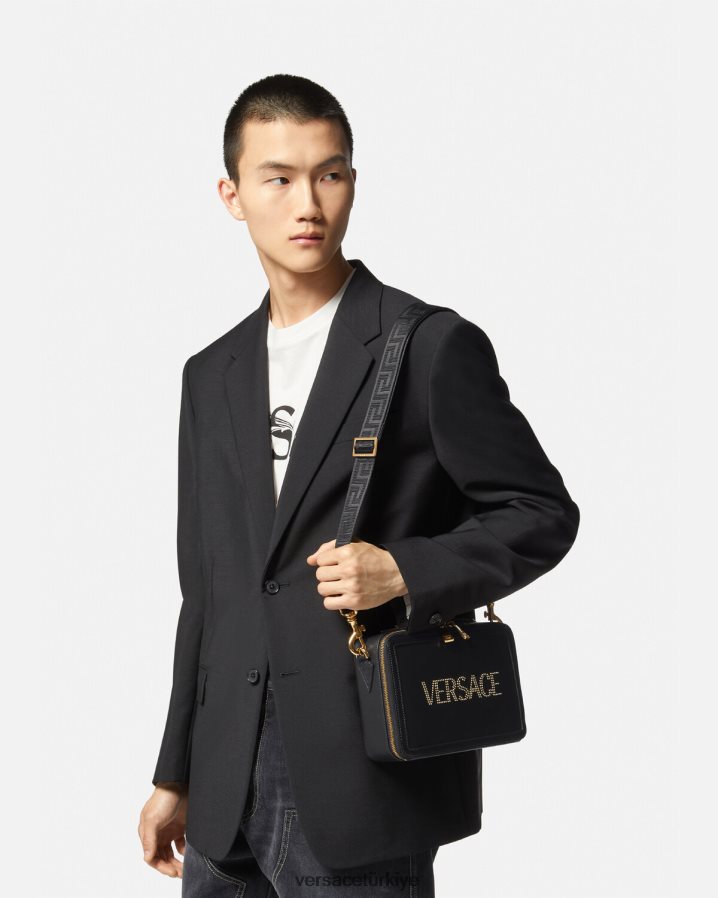 Versace çivili logolu askılı çanta erkekler siyah çanta B0HHR81502