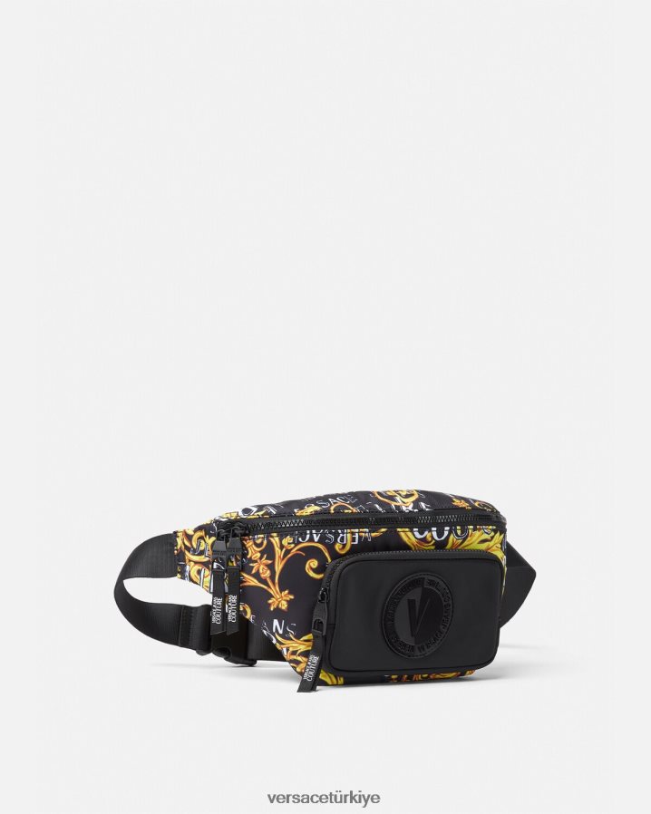 Versace logo couture bel çantası erkekler siyah altın çanta B0HHR82495