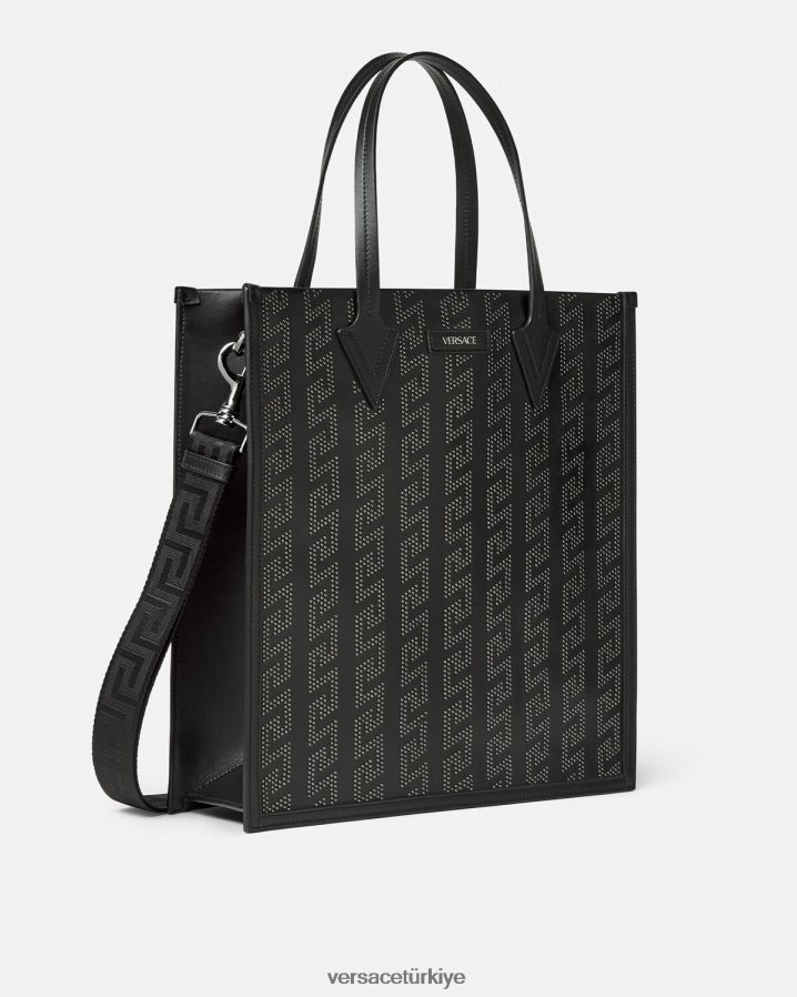 Versace çivili greca uzun tote çanta erkekler siyah çanta B0HHR81489
