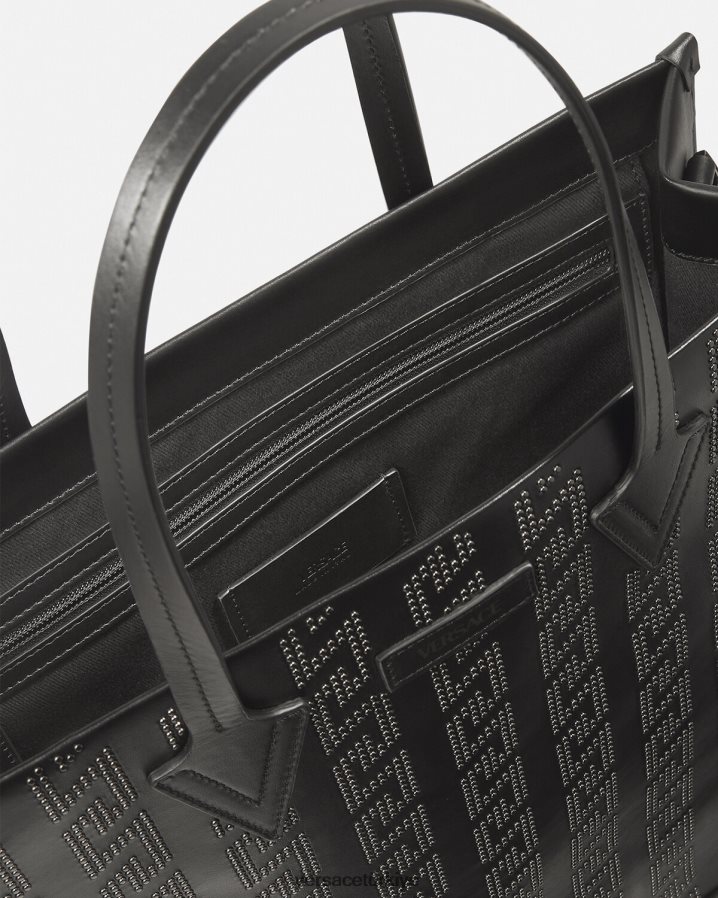 Versace çivili greca uzun tote çanta erkekler siyah çanta B0HHR81489