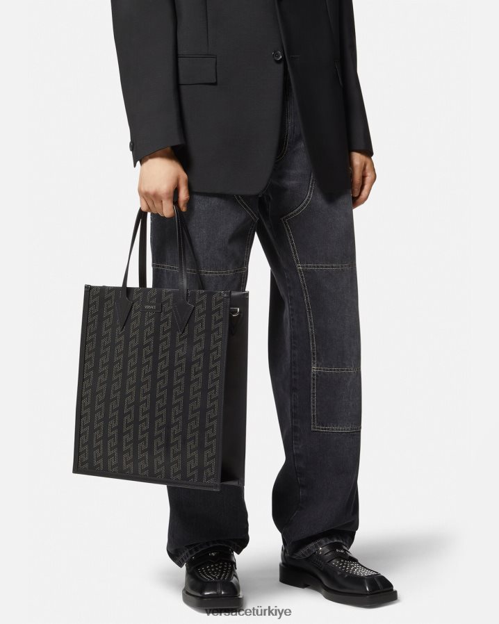 Versace çivili greca uzun tote çanta erkekler siyah çanta B0HHR81489