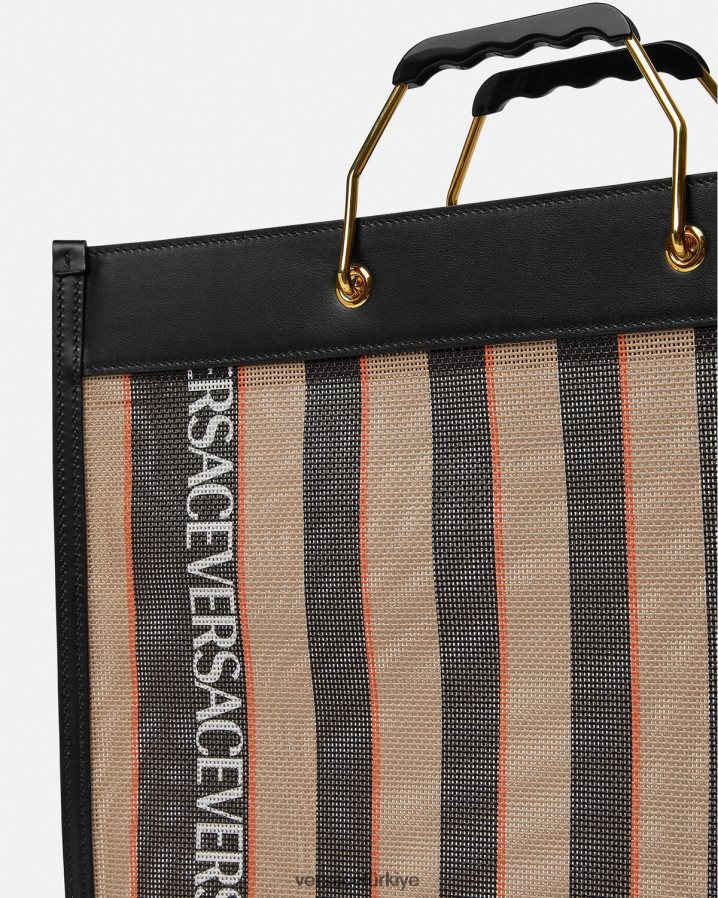 Versace çizgili alışveriş çantası erkekler siyah ve bej çanta B0HHR81510