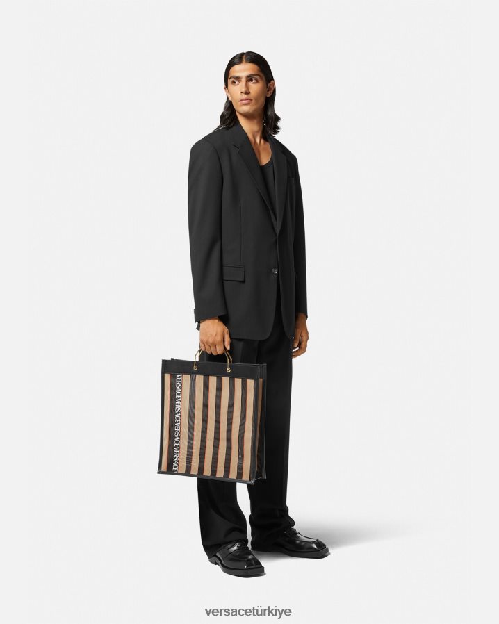 Versace çizgili alışveriş çantası erkekler siyah ve bej çanta B0HHR81510