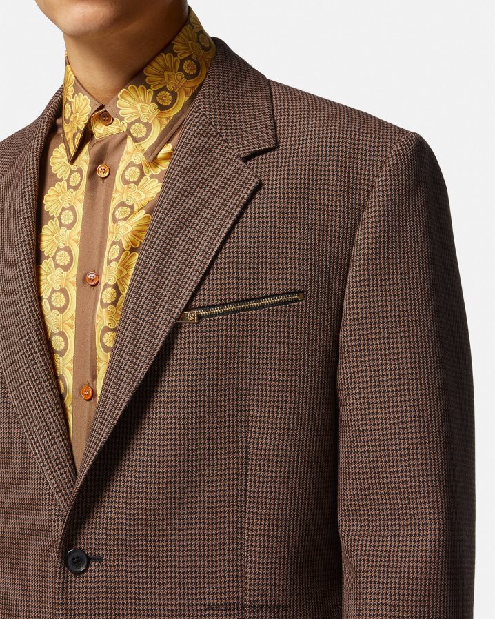 Versace barocco 660 kazayağı desenli blazer erkekler kahverengi ve altın Giyim B0HHR81279