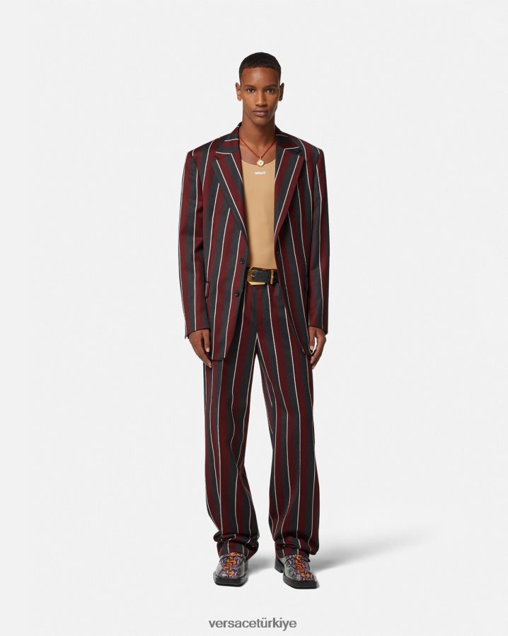 Versace çizgili yün pantolon erkekler kırmızı ve gri Giyim B0HHR81270