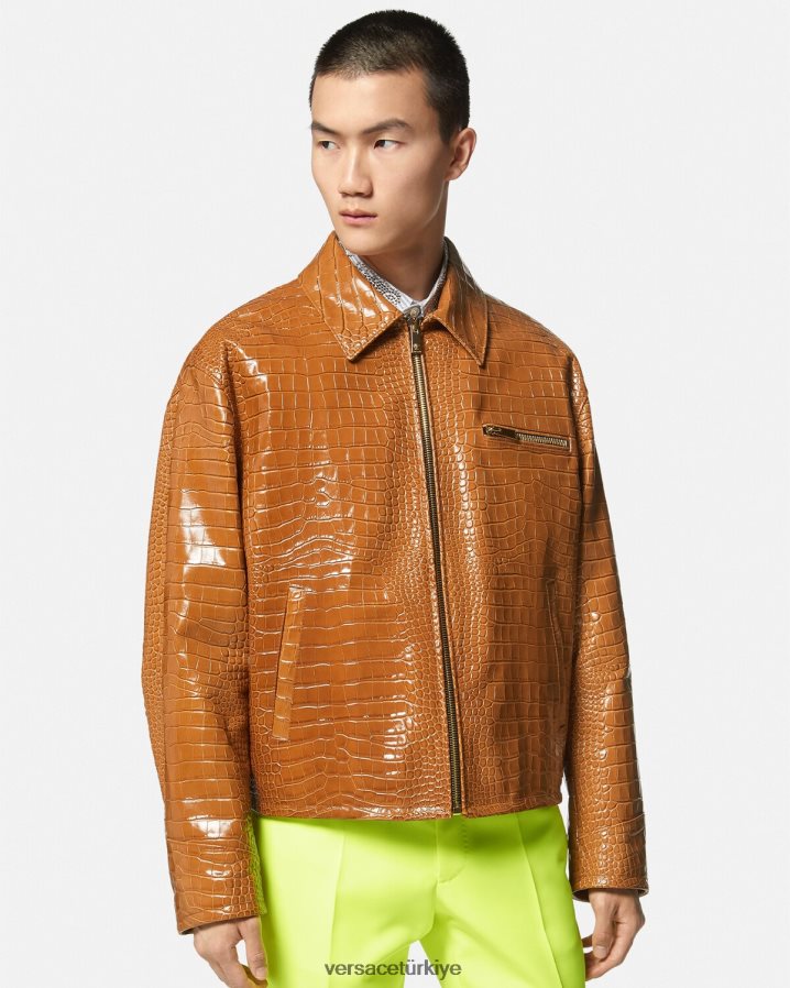 Versace Croc efektli deri bluz ceket erkekler turuncu Giyim B0HHR81255
