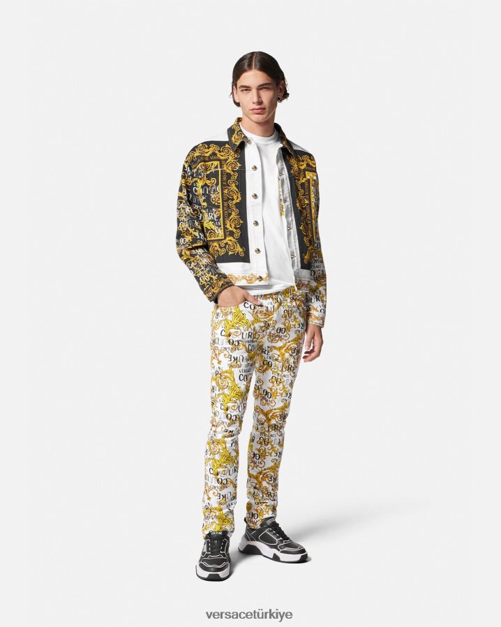 Versace logo couture denim ceket erkekler altın ve beyaz Giyim B0HHR82416