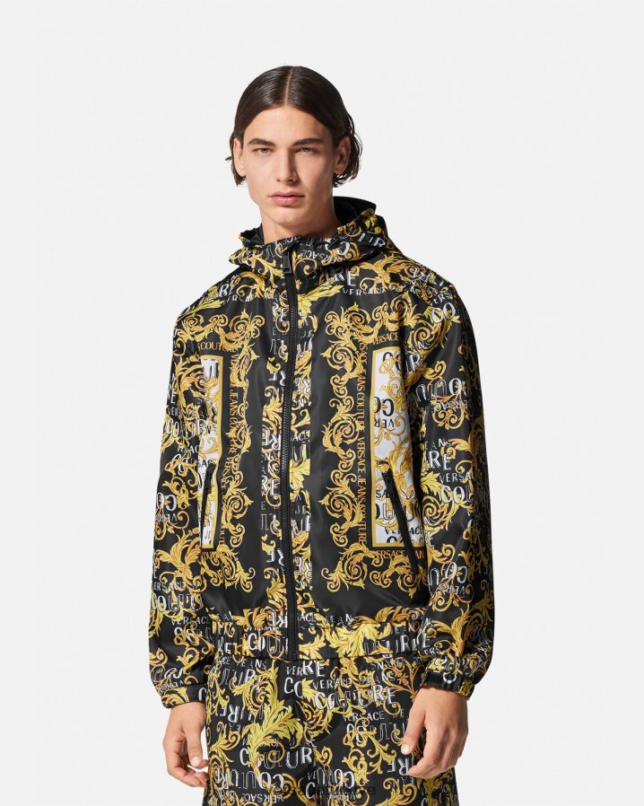 Versace logo couture rüzgarlık ceket erkekler siyah ve baskı Giyim B0HHR82414