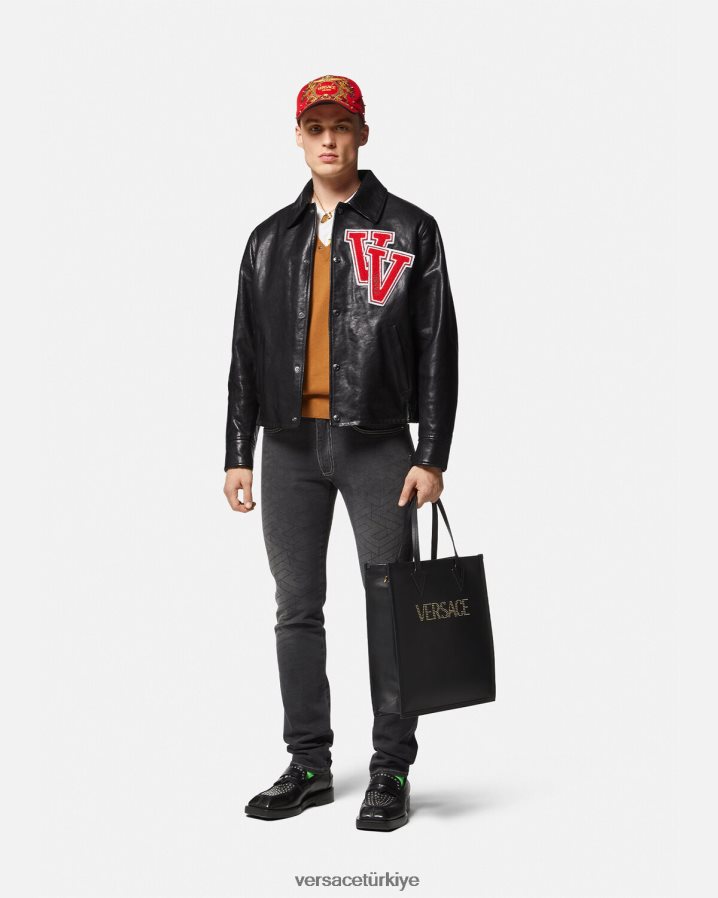 Versace üniversite deri ceket erkekler siyah Giyim B0HHR81258