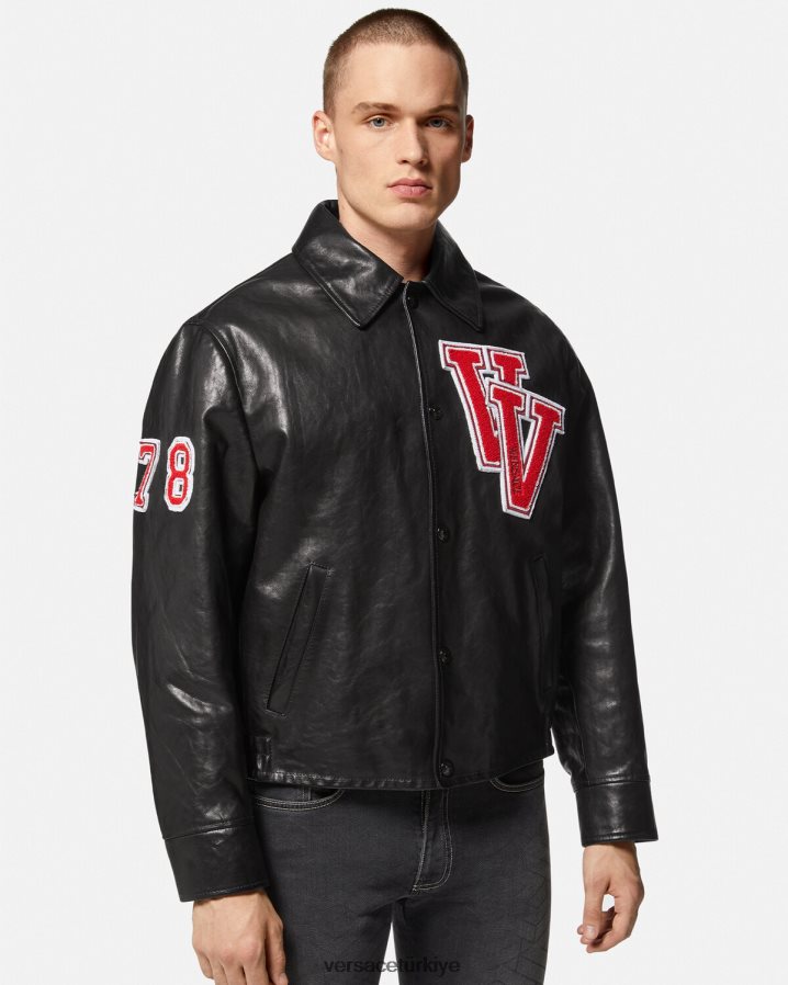 Versace üniversite deri ceket erkekler siyah Giyim B0HHR81258
