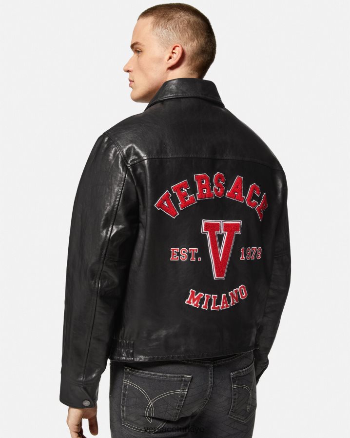Versace üniversite deri ceket erkekler siyah Giyim B0HHR81258
