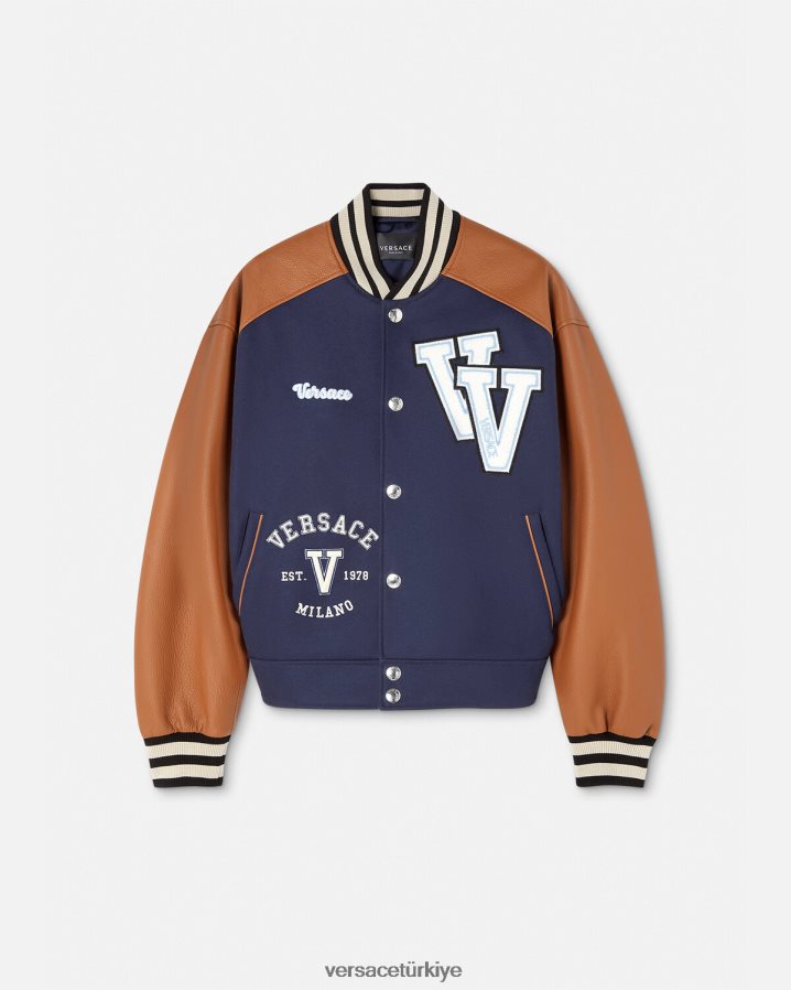 Versace üniversite logolu bomber ceket erkekler mavi ve kahverengi Giyim B0HHR81257