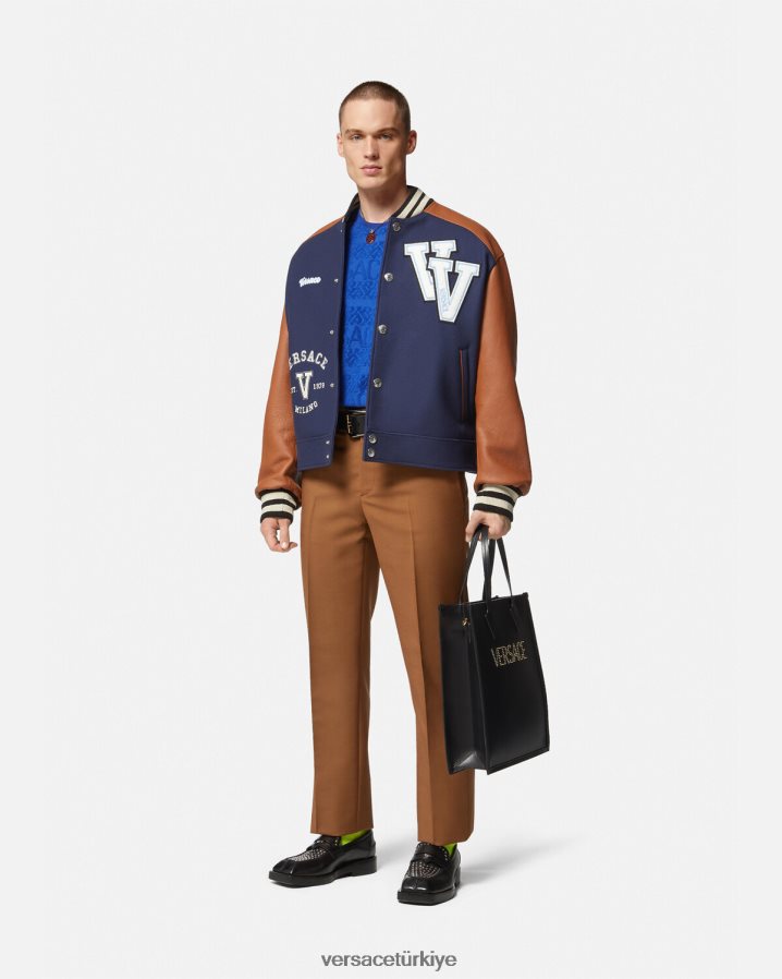 Versace üniversite logolu bomber ceket erkekler mavi ve kahverengi Giyim B0HHR81257