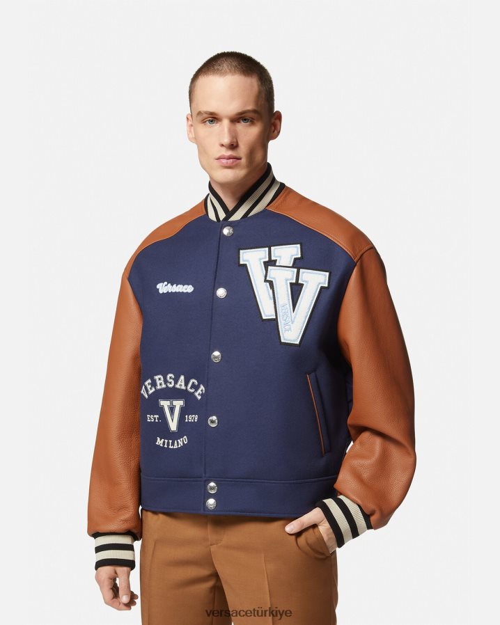 Versace üniversite logolu bomber ceket erkekler mavi ve kahverengi Giyim B0HHR81257