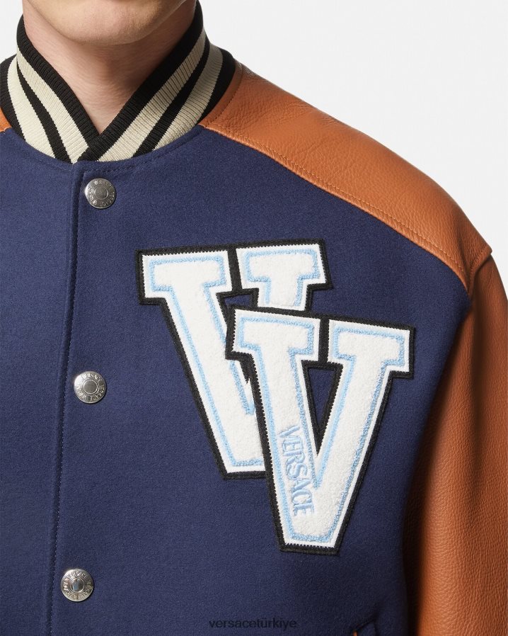 Versace üniversite logolu bomber ceket erkekler mavi ve kahverengi Giyim B0HHR81257