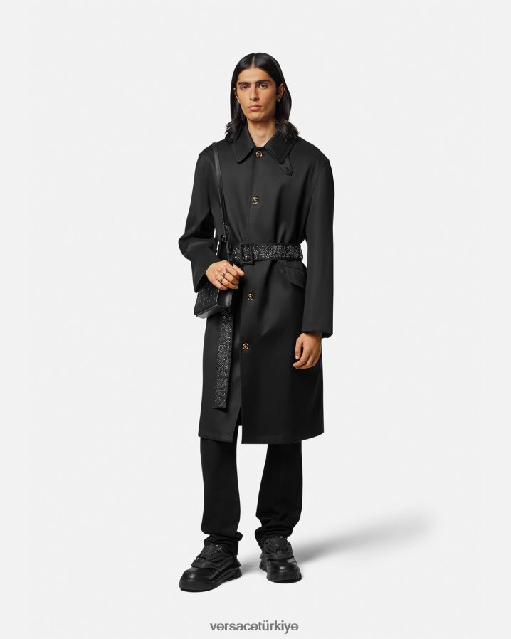 Versace zımbalı trençkot erkekler siyah Giyim B0HHR81254