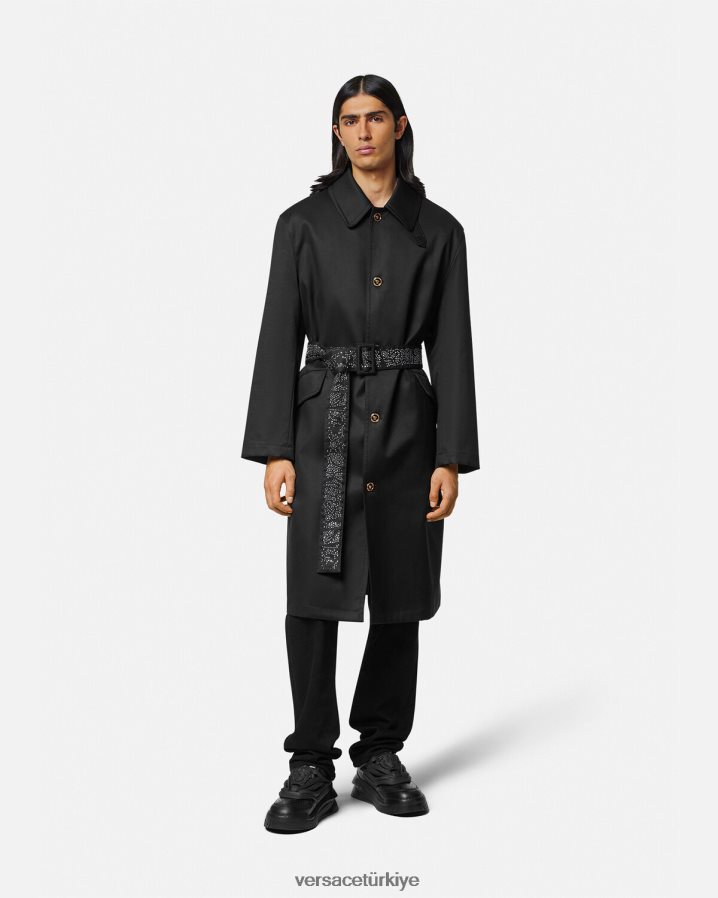 Versace zımbalı trençkot erkekler siyah Giyim B0HHR81254