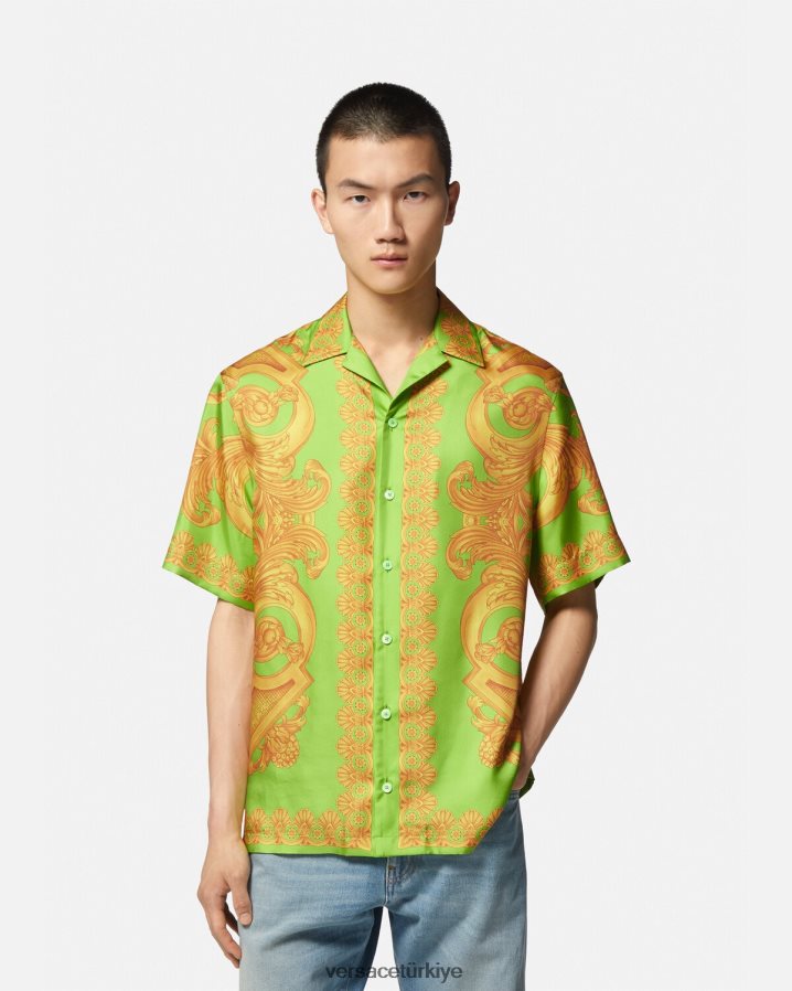 Versace barocco 660 ipek gömlek erkekler altın ve yeşil Giyim B0HHR81317