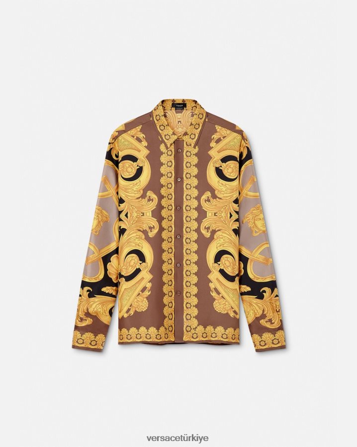 Versace barocco 660 ipek gömlek erkekler kahverengi ve altın Giyim B0HHR81320