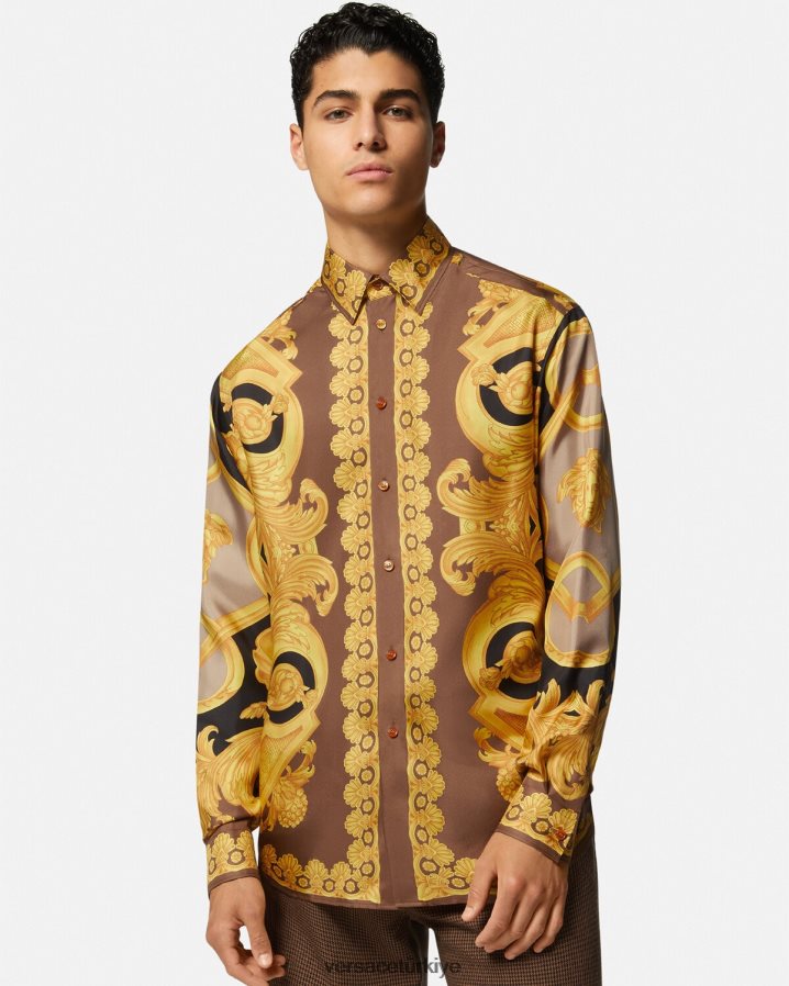 Versace barocco 660 ipek gömlek erkekler kahverengi ve altın Giyim B0HHR81320