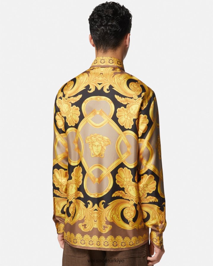Versace barocco 660 ipek gömlek erkekler kahverengi ve altın Giyim B0HHR81320